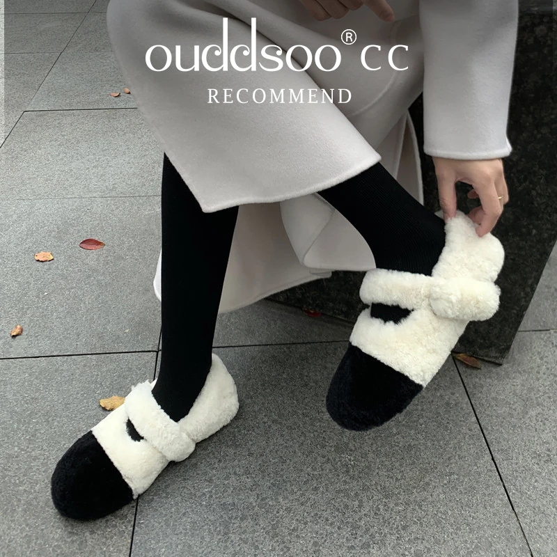 

Ods Real Rabbit fur warm ballet flats women korean buckle strap moccasins cozy round toe winter plush snow shoes anti-skid loafe