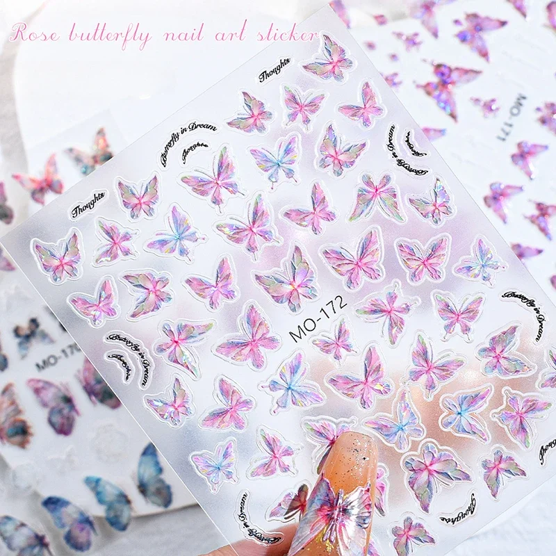 Shell Aurora Butterfly Nail Stickers 5D Relief Back Adhesive Fantasy Butterfly Decals DIY Nails Decoration Accessories