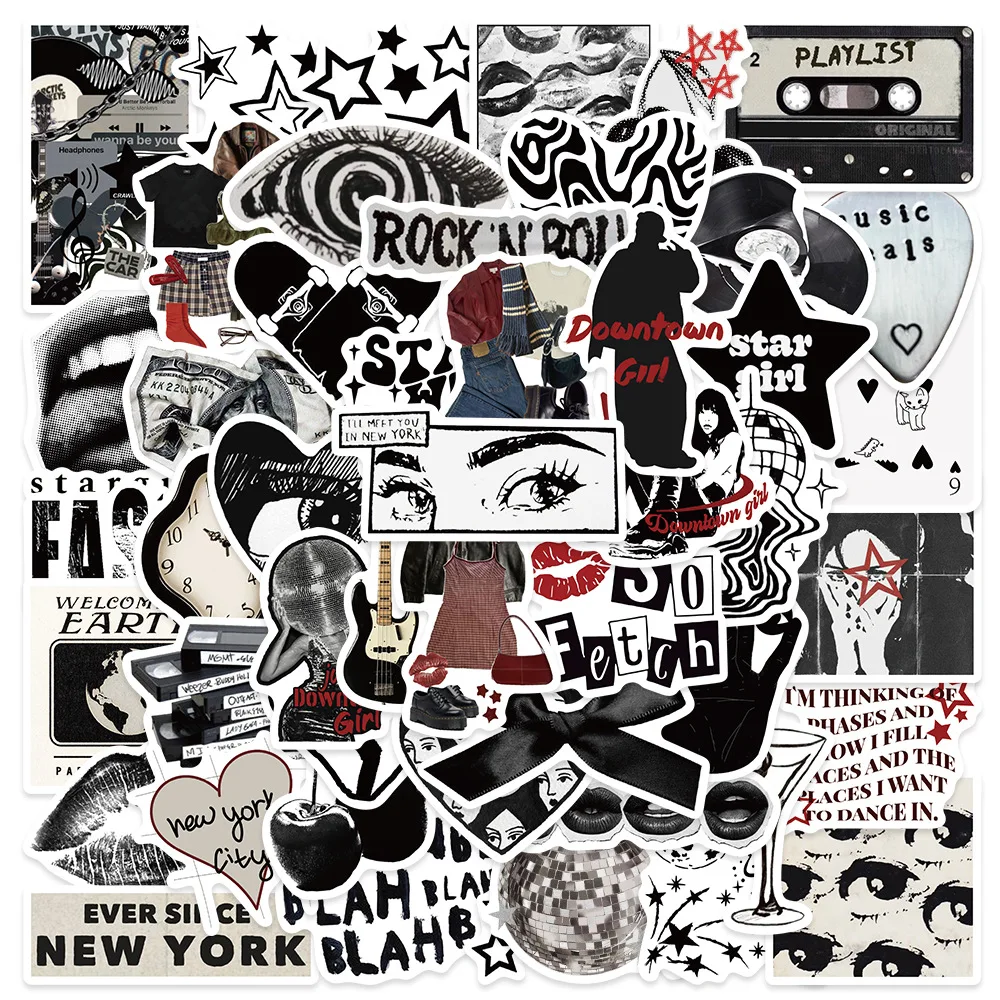 

10/30/50PCS Retro Black and White Y2K Girls Aesthetic Stickers For Luggage Laptop Guitar Phone Helmet Waterproof Vinyl Decals