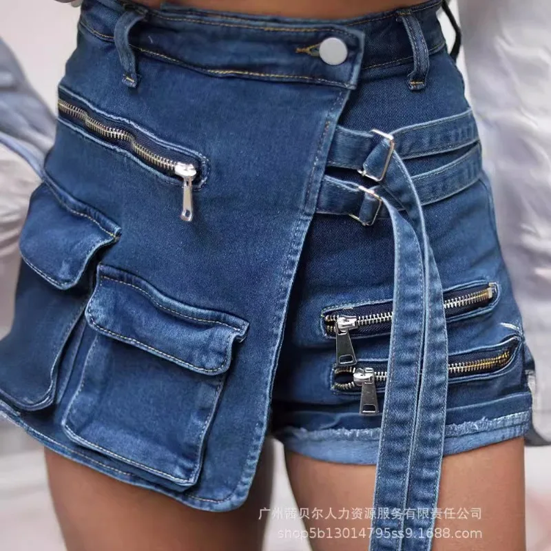 2024 Lente Zomer Dameskleding Effen Kleur Hoge Taille Rits Multi-Pocket Denim Shorts Nieuwkomers Ontwerp