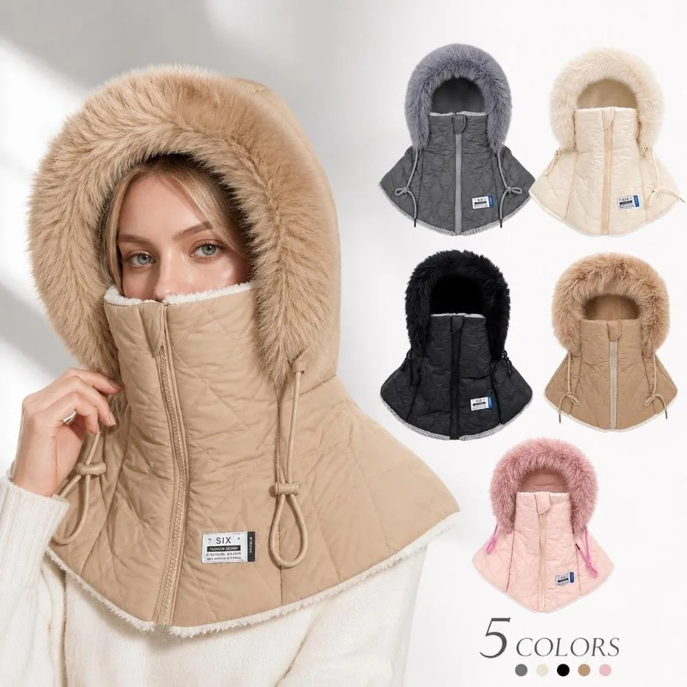 Casual Faux Fur Lined Full Face Balaclava Windproof Warm Hooded Neck Warmer Integrated Face Mask Winter