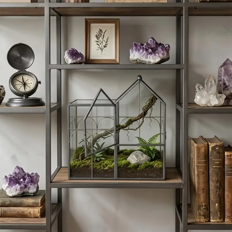 Glas-Terrarium-Ausstellungshaus mit schwarzem Rahmen und Öffnungsplatte für Blumenarrangements, Platzierung auf der Fensterbank – Detail 7