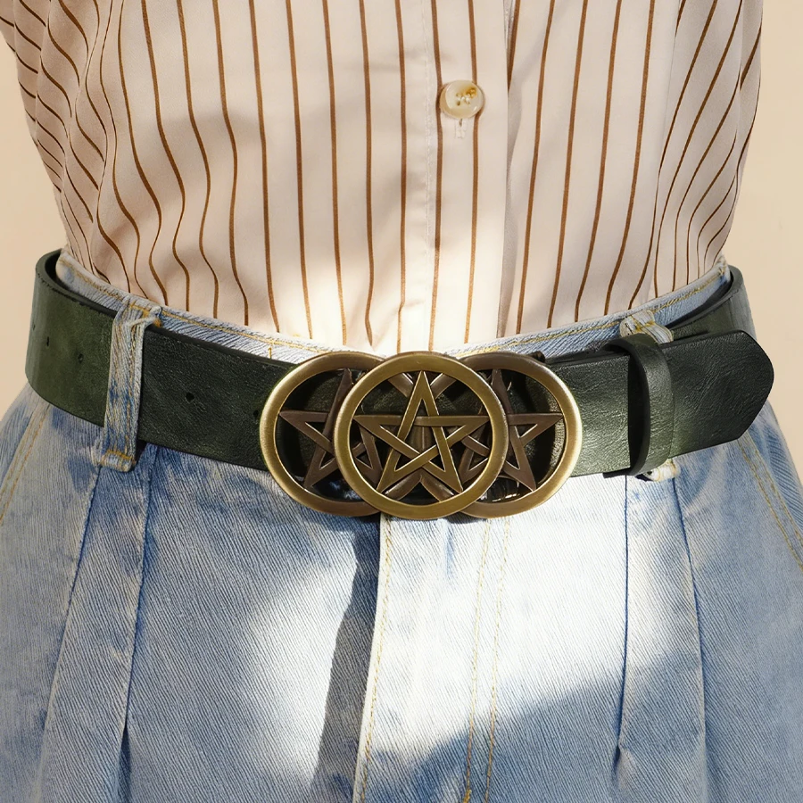 Gothic Pentagram Belt Women Vintage Metal Buckle Two-Tone Embossed Waist Cinch Fashion Accessory - view 5