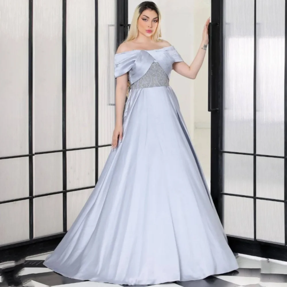 Customized Modern Style Charmeuse Sequined Pleat A-line Off-the-shoulder Long Dresses Bespoke Occasion Sexy