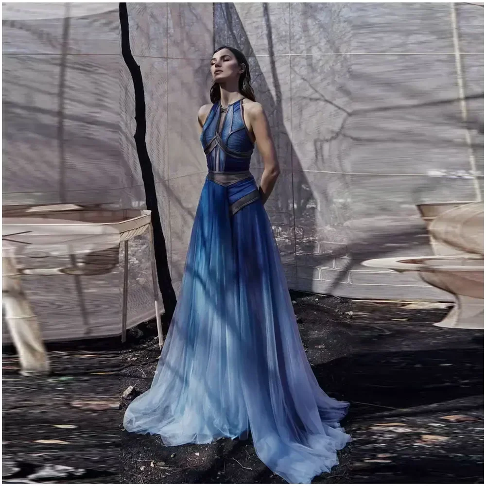 

Customized Fashion A-line Dark Blue Backless Gradient Evening Dresses Women's Tulle Skirt Tank Long Prom Gowns Formal Party