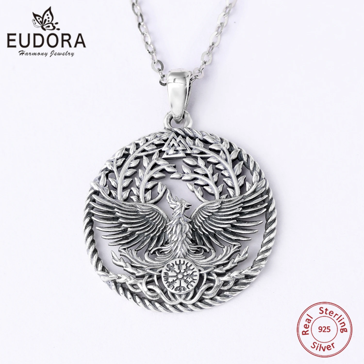 

Eudora 925 Sterling Silver Phoenix Necklace Tree of Life Viking Compass Pendant Vintage Jewelry spiritual Gift for Women Men