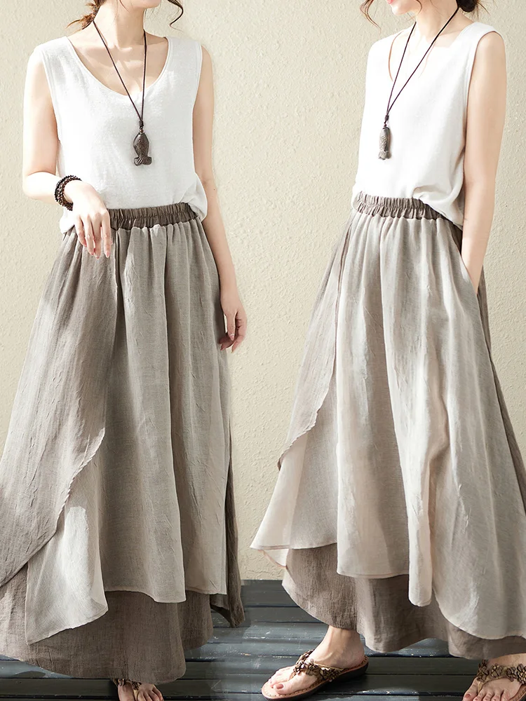 تنورة ماكسي من الكتان بطبقات مزدوجة تنورة يابانية غير متناظرة من القطن والكتان f تنورة للجسم بخصر عالٍ على شكل حرف a جرس Sve #2