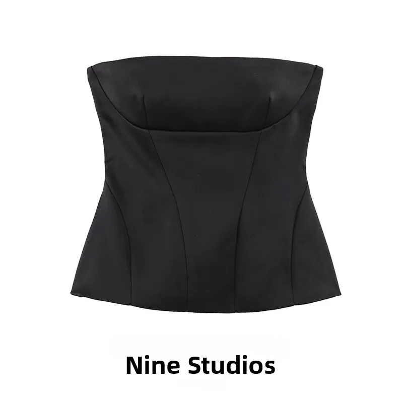 NINE ZAR Silk Satin Short Skirt Sexy Tube Top Vest Nine Points Design Breathable Pure Color Commute Style Women's Fashion