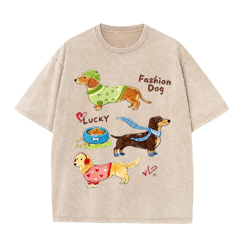 2026 Vintage Washed Beige Cartoon Dachshund Golden Retriever Graphic T Shirt Fashion Dog Print Oversized Casual Short Sleeve Tee