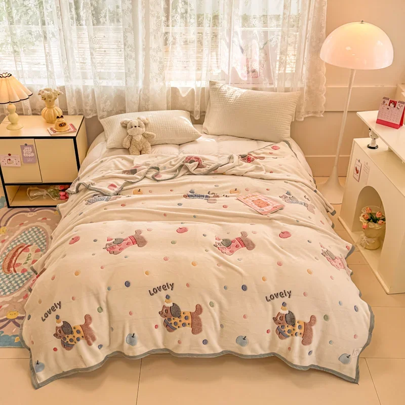 สุนัขการ์ตูนผ้าห่มอุ่นสําหรับชายหญิง,Queen Fluffy สี Dot หนาห้องนอนโยนผ้าห่ม,วัยรุ่นนักเรียนหอพักผ้าปูที่นอน