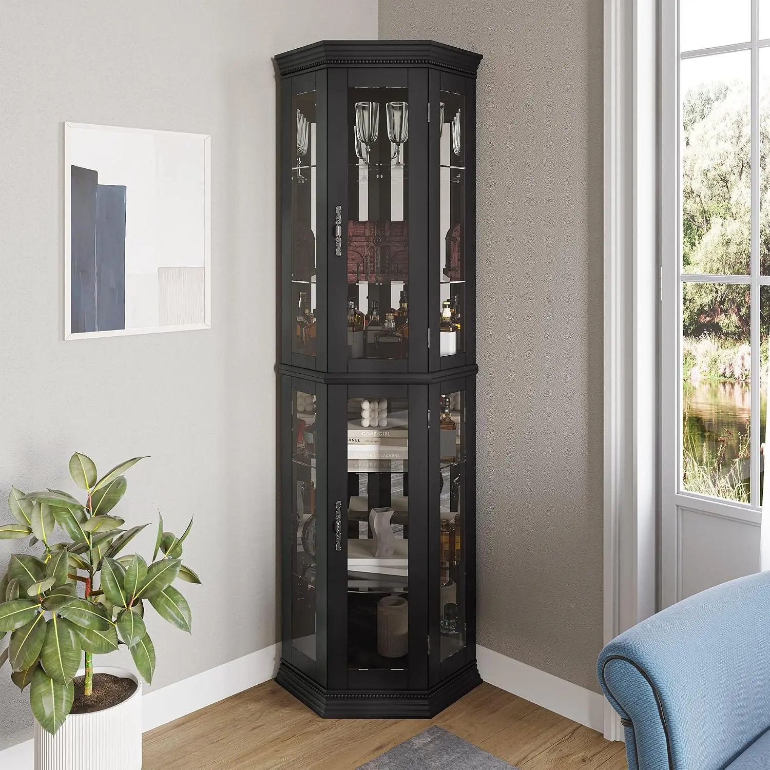 Glass Display Cabinet W/Tempered Doors & Shelves, Wooden Corner Rack W/Bulb For Living Room & Bedroom, Black, Customized