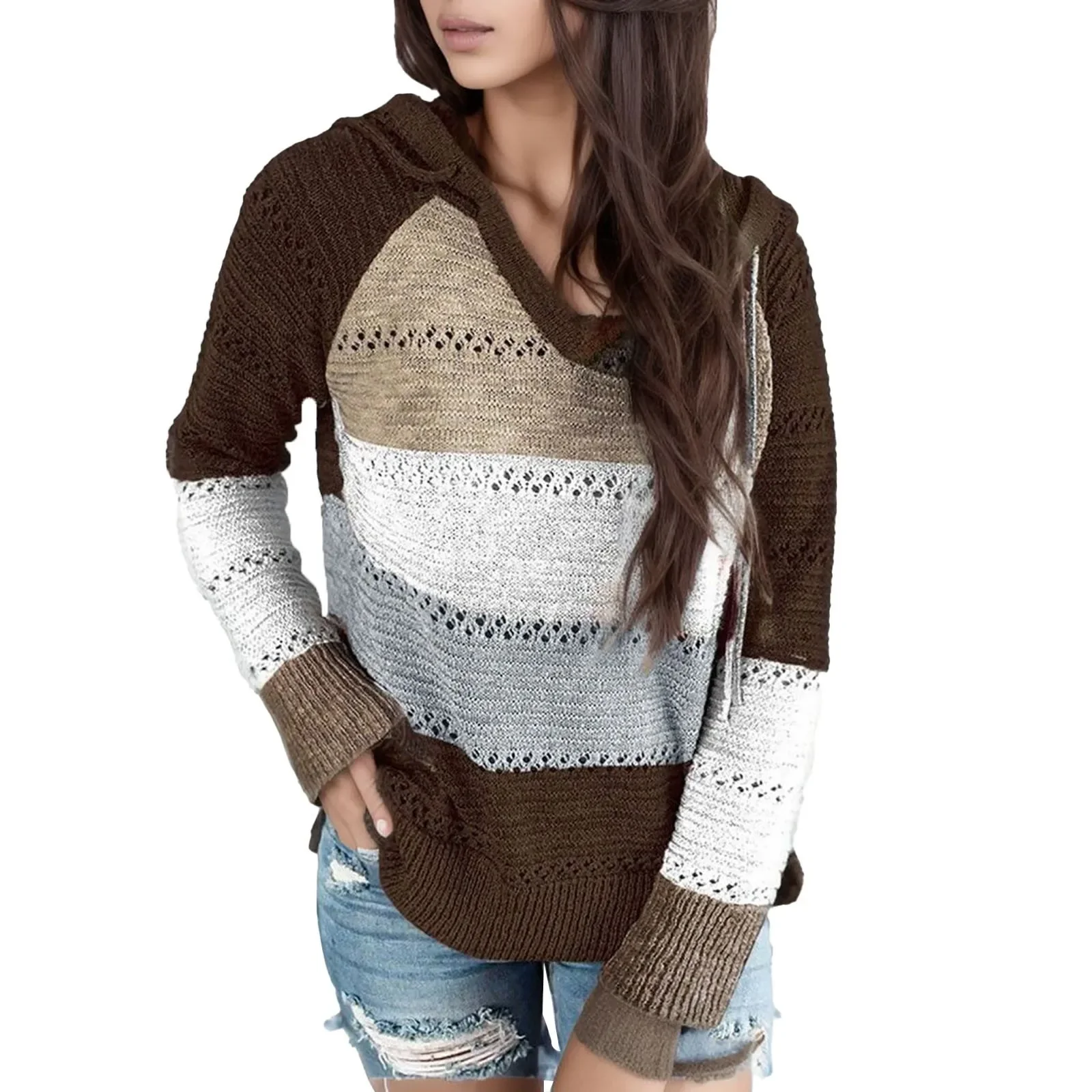 2024 New Female Hoodies Autumn Women Patchwork Hooded Sweater Long Sleeve V-neck Knitted Sweater Casual Striped Pullover Jumpers