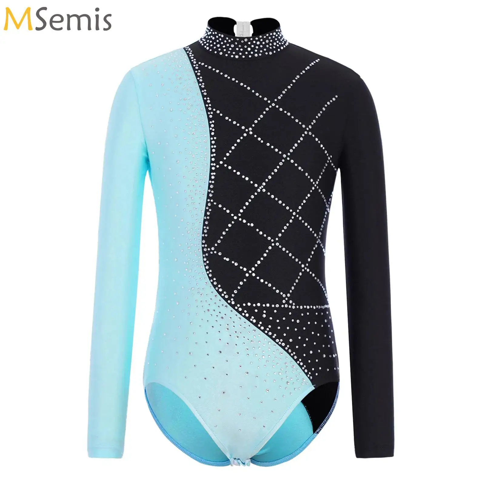 

Kids Girls Gymnastics Leotards Long Sleeve Ballet Bodysuit Shiny Rhinestones Color Block Figure Ice Skating Performance Clothes