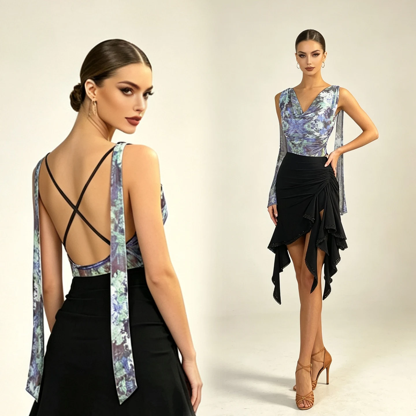 

Adult Rumba Cha Cha Dance Clothing Latin Dance Practice Tops Irregular Skirt Summer Sleeveless Tango Ballroom Dance Wear NV26960