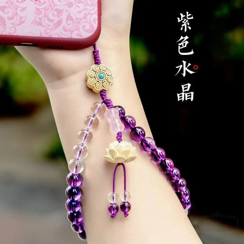 Customized Natural Amethyst Mobile Phone Chain Lotus Lanyard Hand Weaving Jewellery Fashion Man Woman Luck Amulet New Charm
