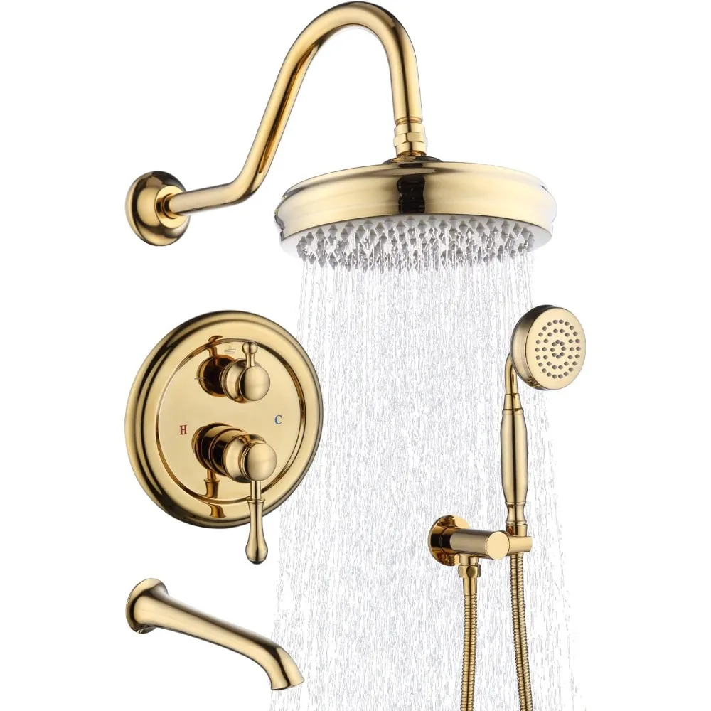 

Antique-Style Gold Brass Shower System with 8-inch Rainfall Head and Hand Spray