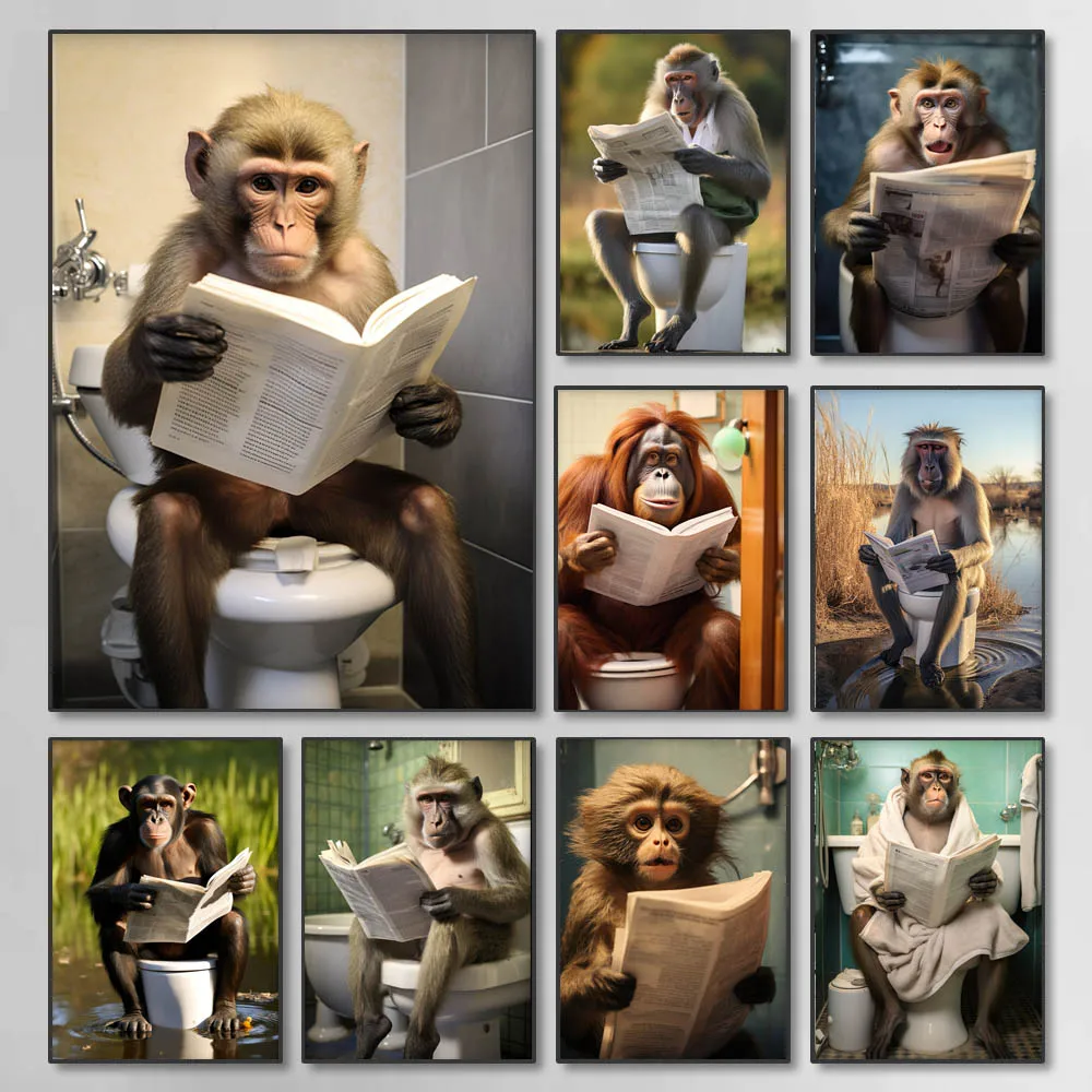 قرد يجلس على ورق قراءة المرحاض، صور قرد لطيفة ومضحكة، قرد كابوشين، صور مضحكة مندريل، ديكور منزلي للحمام #1