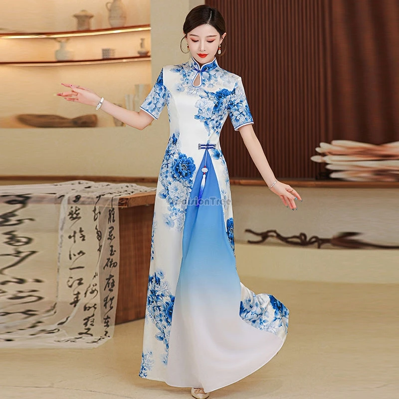 

2024 новый aodai Cheongsam, улучшенное китайское ретро-стиль, женское длинное платье с короткими рукавами и воротником-стойкой, 2-слойное дизайнерское длинное платье b149