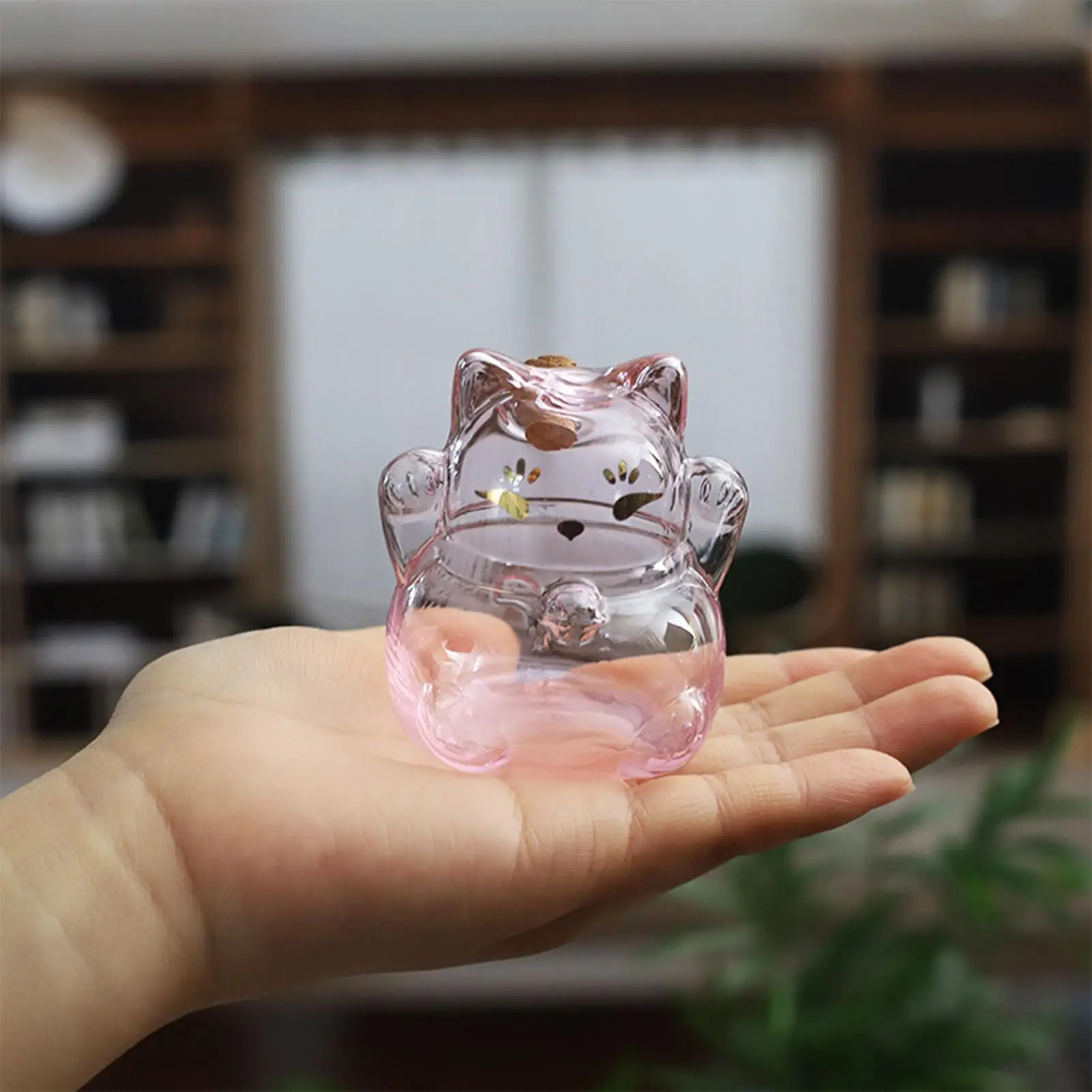귀여운 고양이 모양 유리 동전 저금통, 책장 장식용 투명 골드 콩 모양 저금통