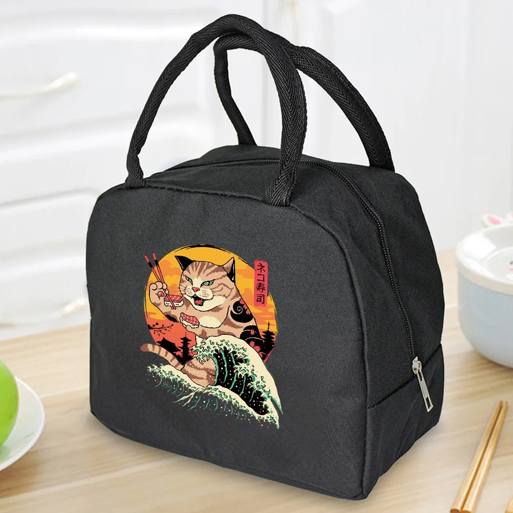 Bolsa térmica portátil de lona para el almuerzo, organizador de comida, Picnic, Unisex, con estampado de gato japonés