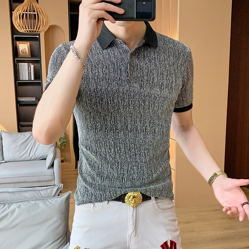 Summer Golden Thread Rhinestone Polo Shirt for Men Slim Fit Short Sleeve Casual T-shirt Business Social Polos Men Clothing 2026