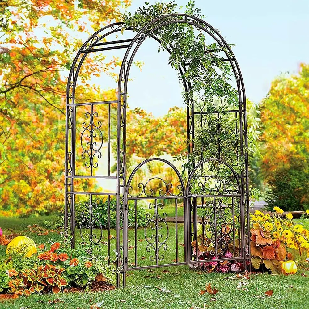 

Arch Metal Outdoor Garden Arbor Double Gate | Monteo | 7 eet Tall | Gunmetal Black | Trellis Lattice ClimPlants