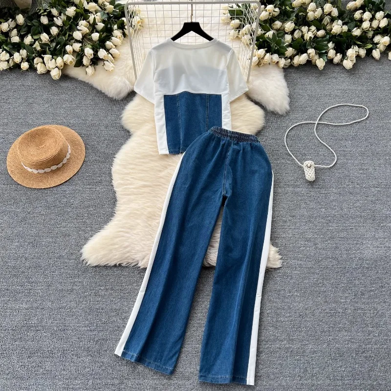 Neploe Simple Fashion Short Sleeve Patchwork Denim Tops Women+ High Waist Straight Wide Leg Pants 2024 Summer New Two Piece Sets