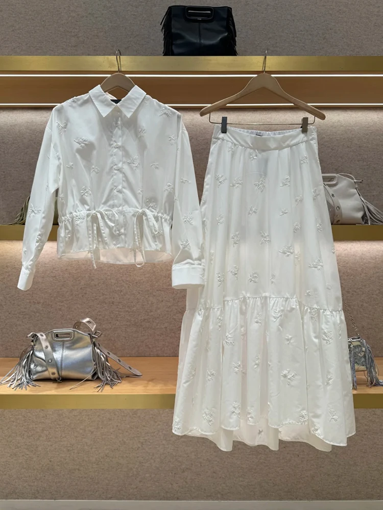 

White Embroidered Flower Shirt And Midi Skirt Set Elegant Style Long Sleeve Collar Autumn Wear for Adult Women