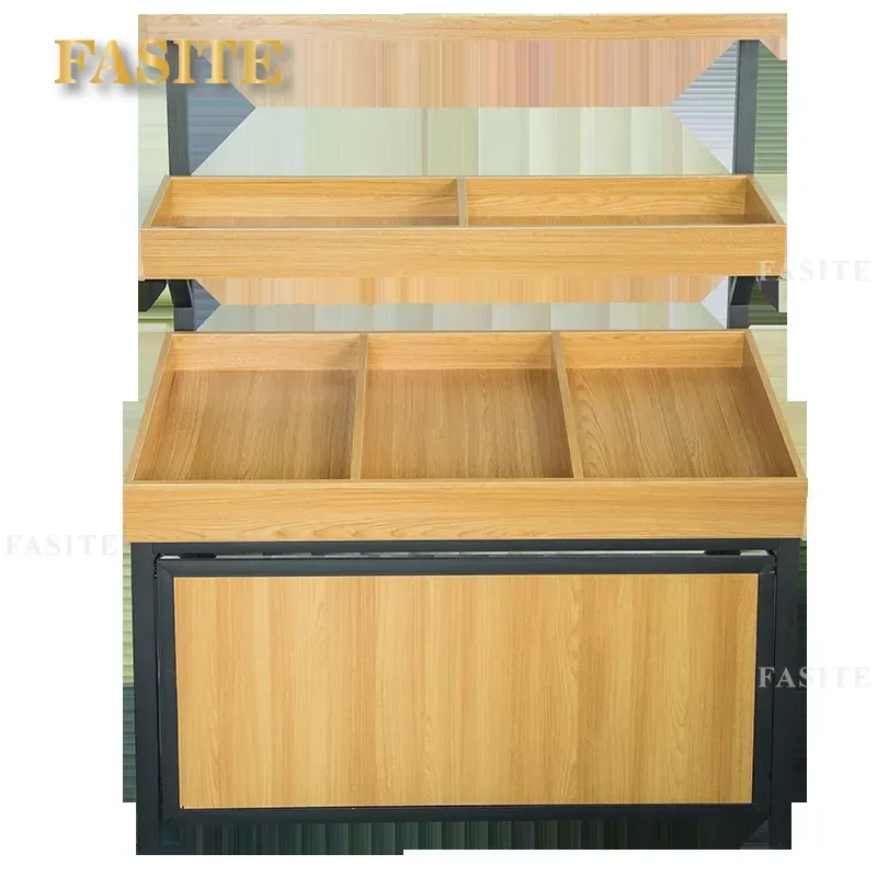 For Supermarket Steel and Wood Fruit Vegetable Shelf Double Layer Fresh Produce Display Rack for Convenience Store Grocery