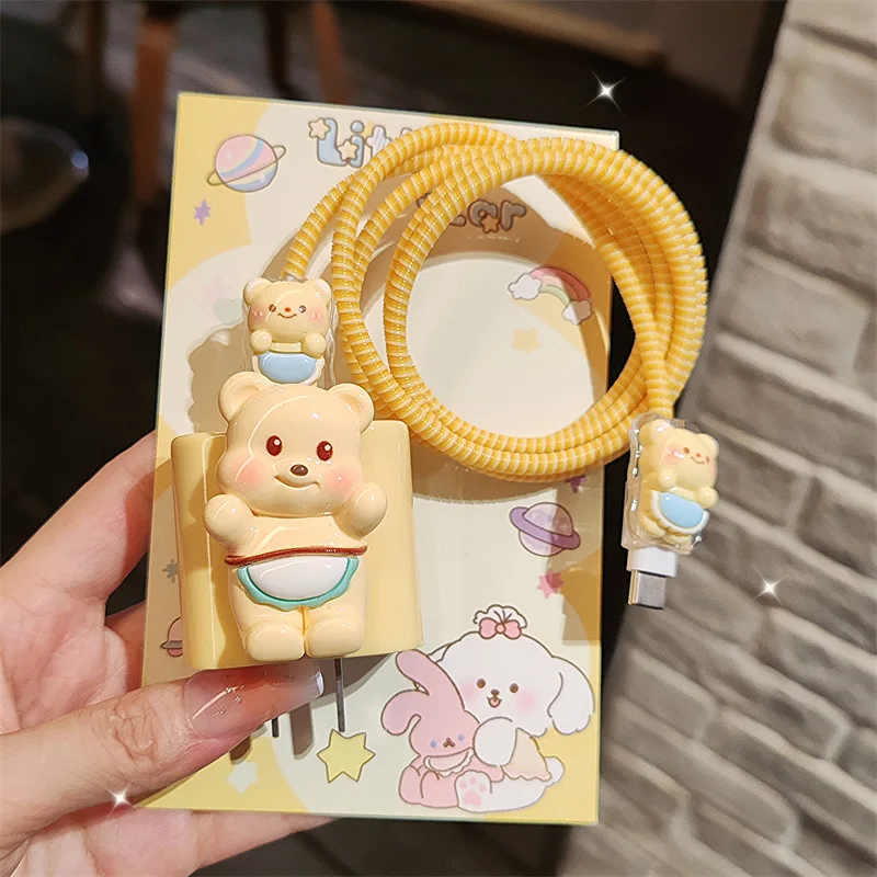 3D Bear Design Charger Cable Protector Cover For IPhone 15 14 13 12 11 18W 20W Charger Data Cable Line Spiral Winder Protective