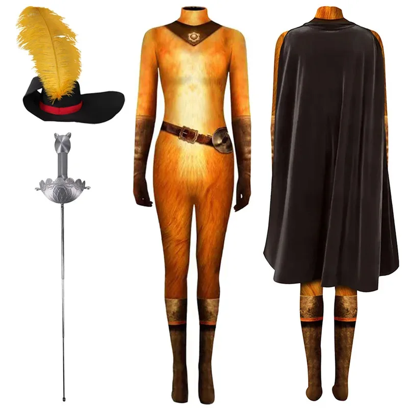 Gato cosplay em botas traje crianças adulto macacão capa chapéu dos desenhos animados gato espadachim roleplay fantasia roupa de halloween pano hh: