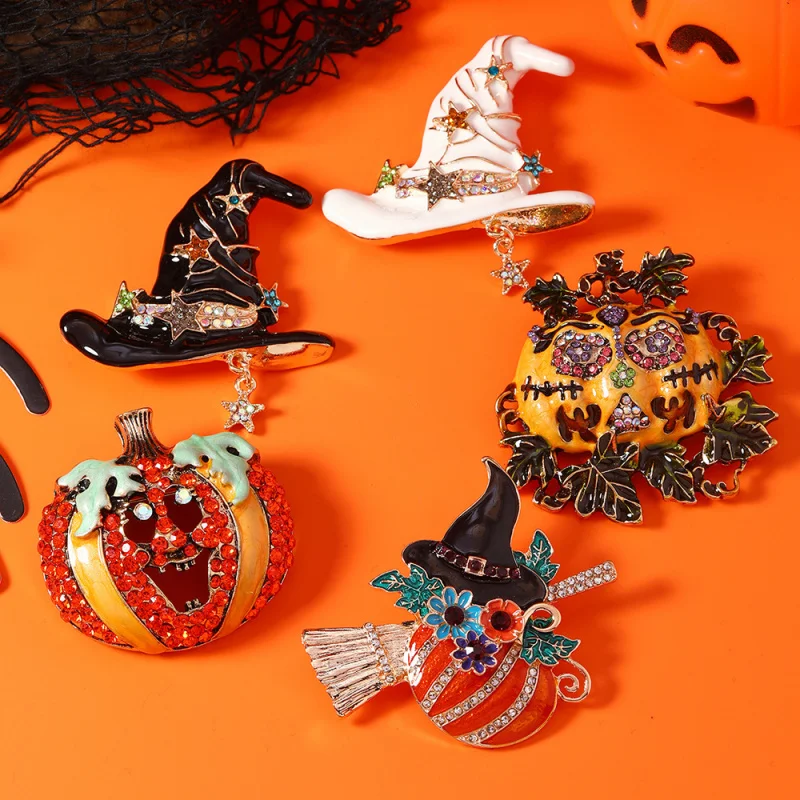 Exquisite New Niche Hot Style Halloween Pumpkin Witch Broom Brooch Versatile Temperament Jewelry