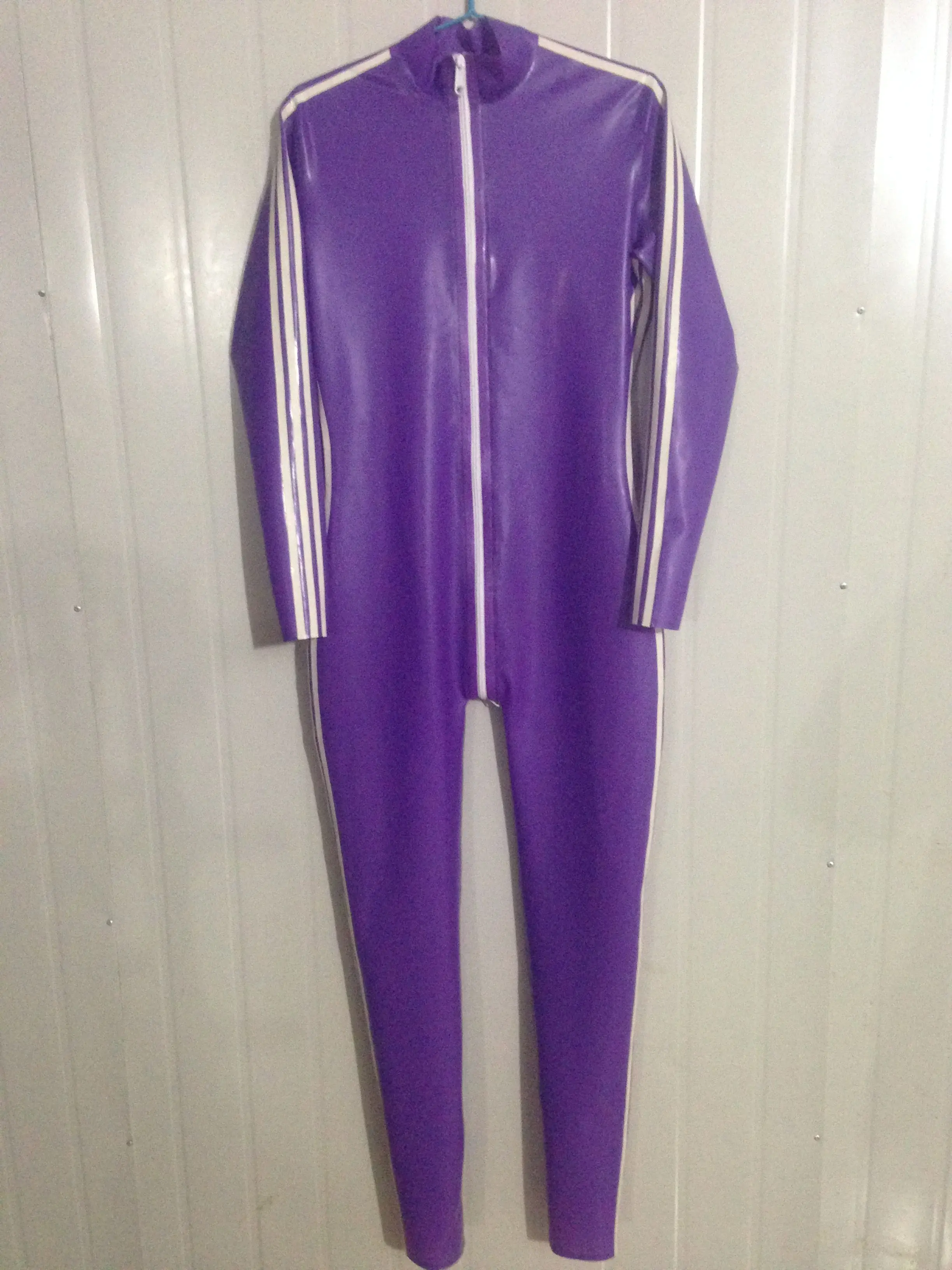 

New Latex Gummi 100% Rubber Catsuit Purple jumpsuit with white trim Size XS-XXL 0.4mm