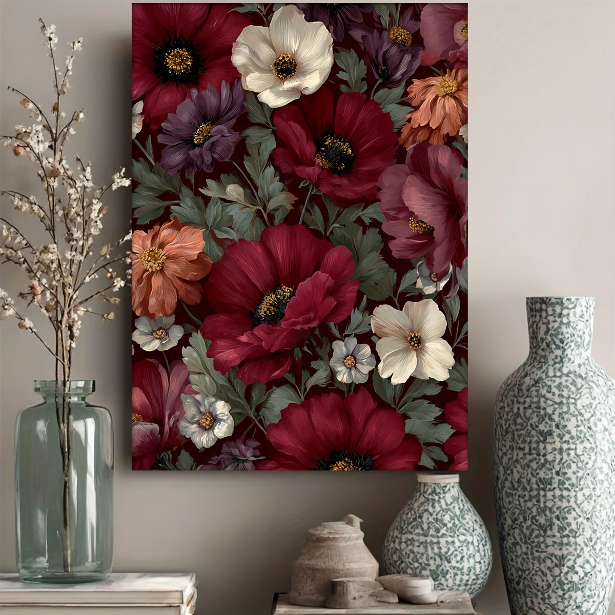 (No frame)1pc Framed Wall Art 12x16inch (2D Flat) - Vintage Wildflower Print Suitable for -maroon/Burgundy Floral Painting, M