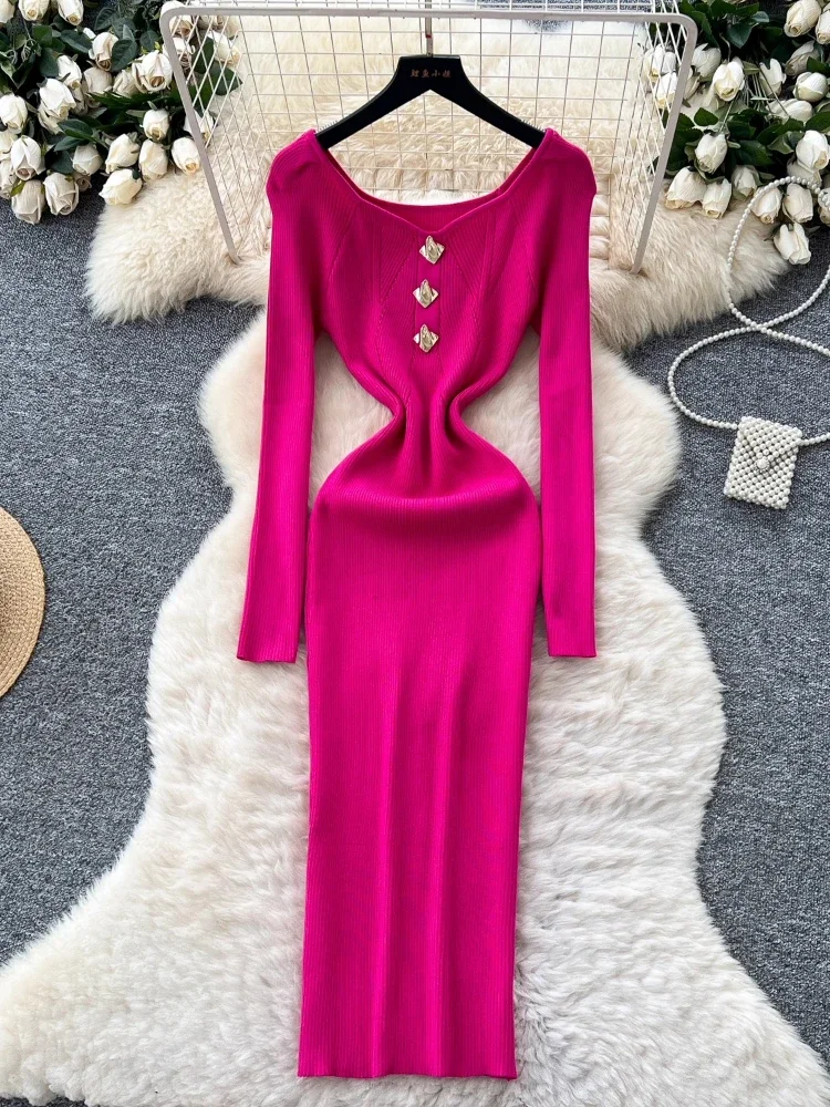 2025Vestidos De Mujer Metall Taste Temperament Kleider Frauen Gestrickte Vintage Robe Femme Hohe Taille Koreanische Quadrat Kragen Kleid