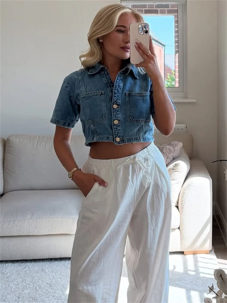 Tossy Fashion Lapel Denim Shirts Tank Top For Women Pocket Patchwork Short Sleeve Jean Streetwear Female Cropped Y2k Top Shirt
