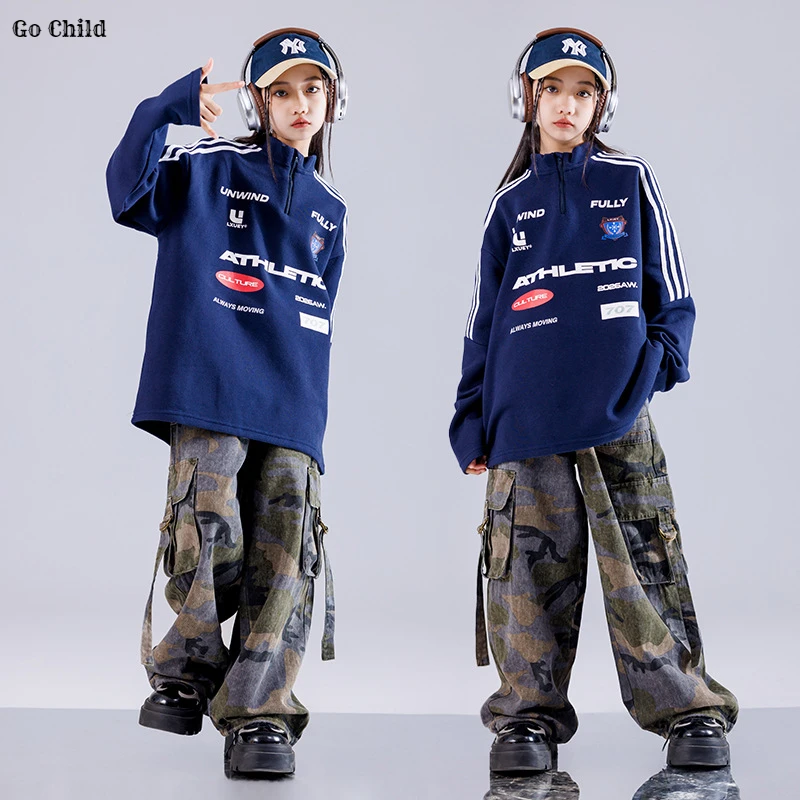 

Boys Hip Hop Sweatshirt Camouflage Cargo Pants Girls K-pop Graffiti Jeans Children Jazz Clothes Sets Kids Street Dance Costumes