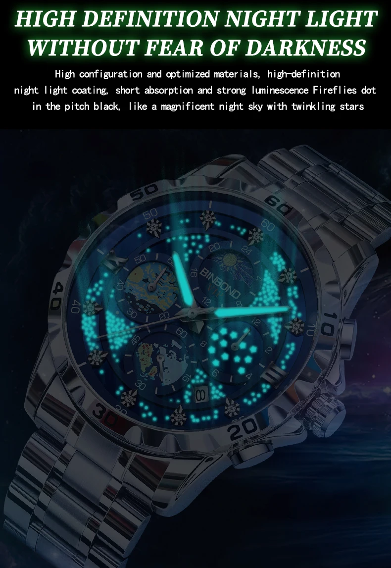 Binbond นาฬิกาสำหรับผู้ชาย3225หน้าปัดลายท้องฟ้าดาวนาฬิกาควอตซ์นาฬิกาแฟชั่นดวงจันทร์ปฏิทินนาฬิกาข้อมือผู้ชายกันน้ำเหล็ก