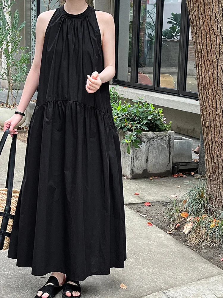 LANMREM Casual Long Dress For Women Sleeveless Neck Hanging Solid Color Loose Dresses 2024 Female Summer New Clothing 2Z1310