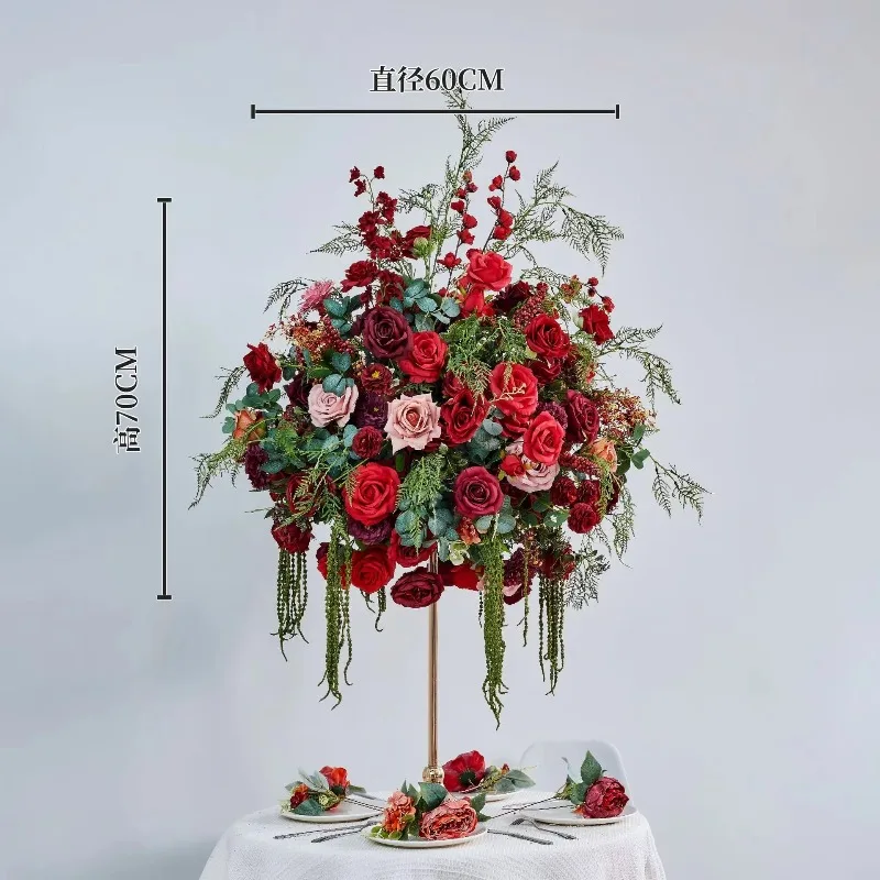 D-9 new hanging green plant background red flower wedding center decoration arch floral arrangement