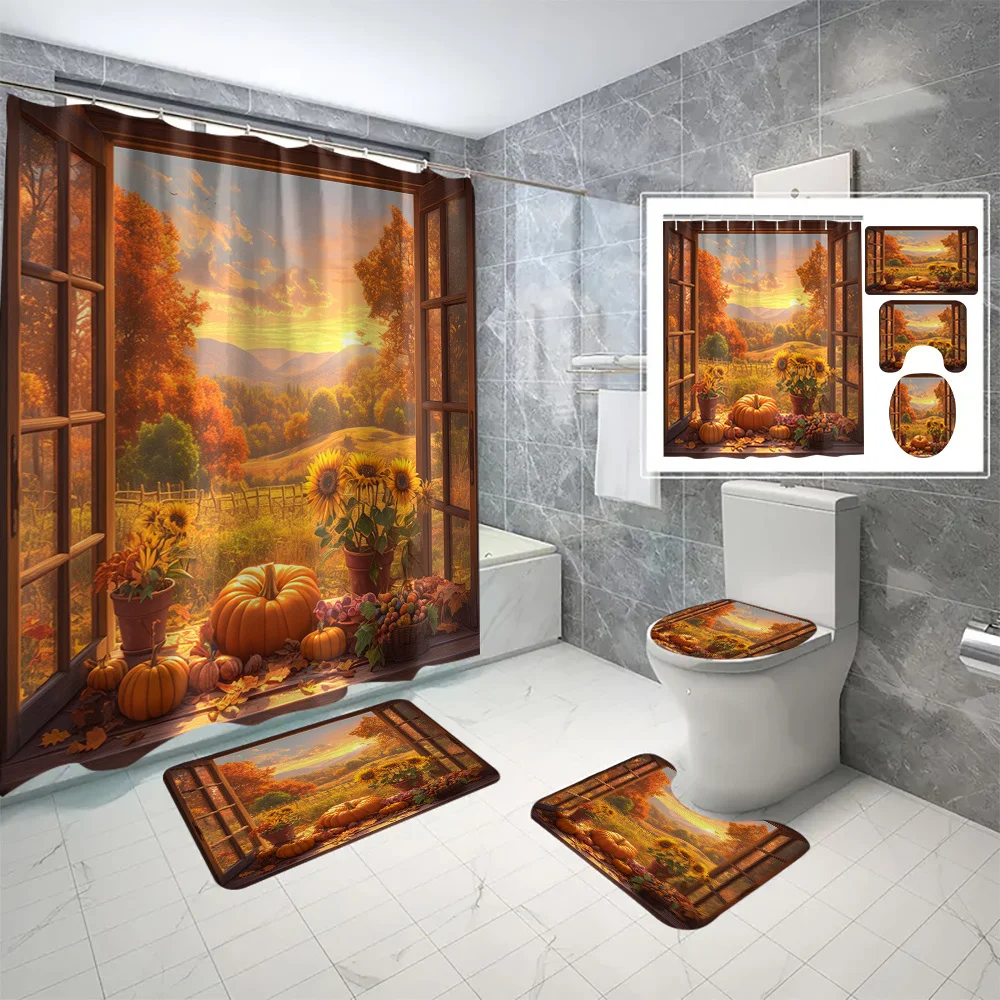 

Open 4-piece rural style digital printed polyester shower curtain set without punching bathroom partition with waterproof pad