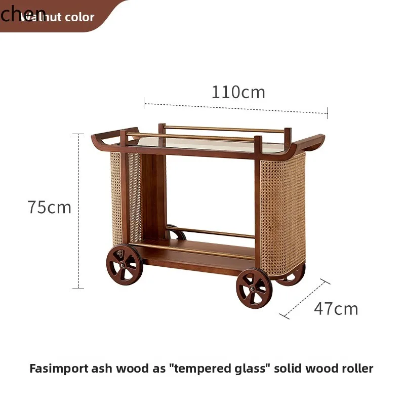 LQC retro rattan solid wood trolley coffee table living room home log wind creative tea cart