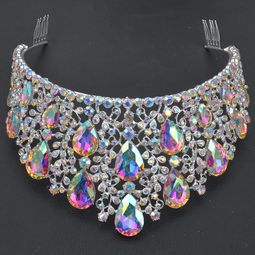 Luxury Vintage Big AB Wedding Crown Alloy Bridal Tiara Baroque Queen King Crowns Drop Rhinestone Half Round Tiara Hair Diadema