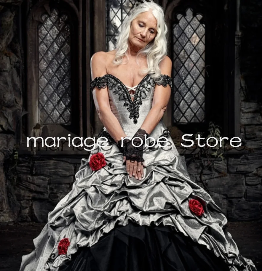 Silver Black Gothic Victorian Wedding Dresses Floral Off Shoulder Corset Steampunk Bridal Gown hochzeitskleid customsized