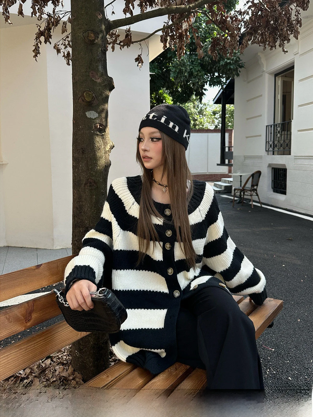 

GOGOBURN American Color Blo Striped Sweater Jaet Women's Loose Lazy Sle Knitted Open Cardigan Autumn New Arrival