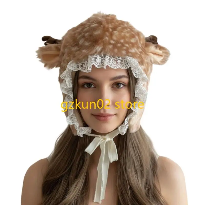 

KXRB косплей шапка с лосем и меховыми шапками с ушками мультяшная шляпа с ушками с кружевными полями зимняя плюшевая шапка для