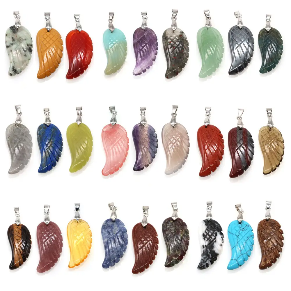 

Natural Stone Angel Wing Pendants Healing Crystal Quartz Amethyst Fluorite Opal Gemstone Women Men Charm for Necklaces Gift