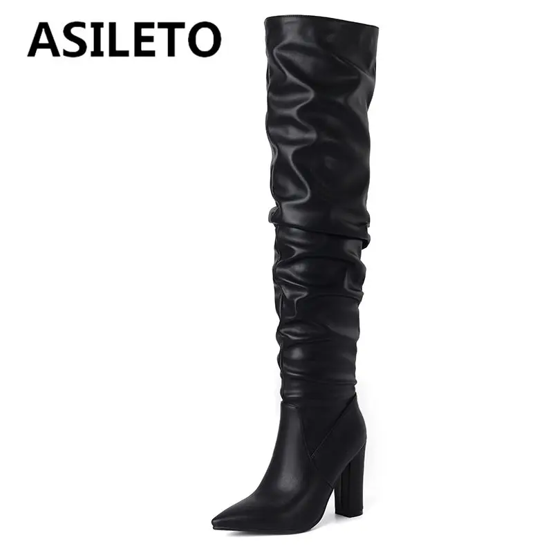 ASILETO Fashion Female Thigh Boots Pointed Toe Chunky Heels 10cm Pleated Slip On Large Size 41 42 43 Sexy Party Dating Booties