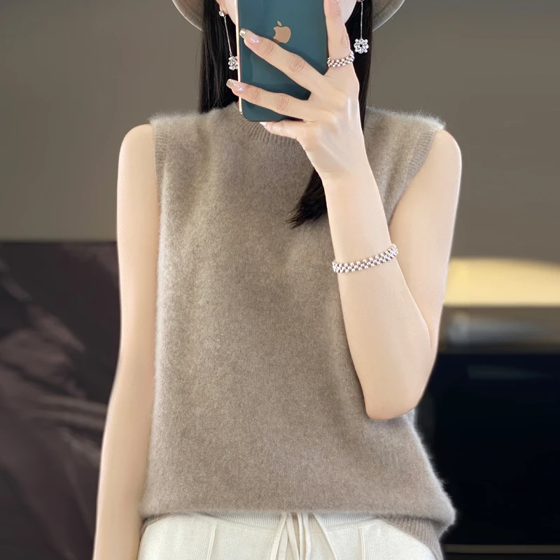 Camel Spring New 100% Wool O-neck Sweater Vest Women Solid Color Summer Basic Top Knitted Sleeveless Female Soft Jumper Pullover