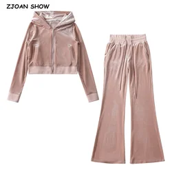 2023 Autumn Zipper Velvet Hooded Cropped Sweatshirt Velour Elastic Low Waist Wide Leg Trousers Women Joggers Pants Matching Set